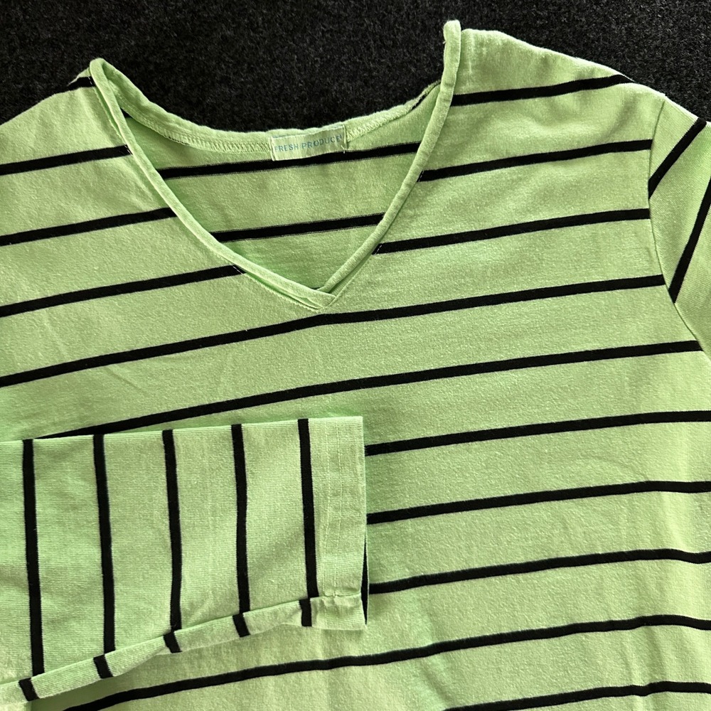 Fresh Produce Womens Lime Green Black Striped V-Neck Long Sleeve‎ Tee Size SM